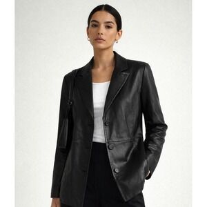 Vintage Women's Black Leather Blazer Jacket Size M Classic Neutral Style
